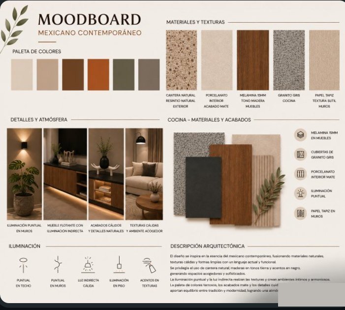 Moodboard personalizado con paleta de colores, materiales y texturas