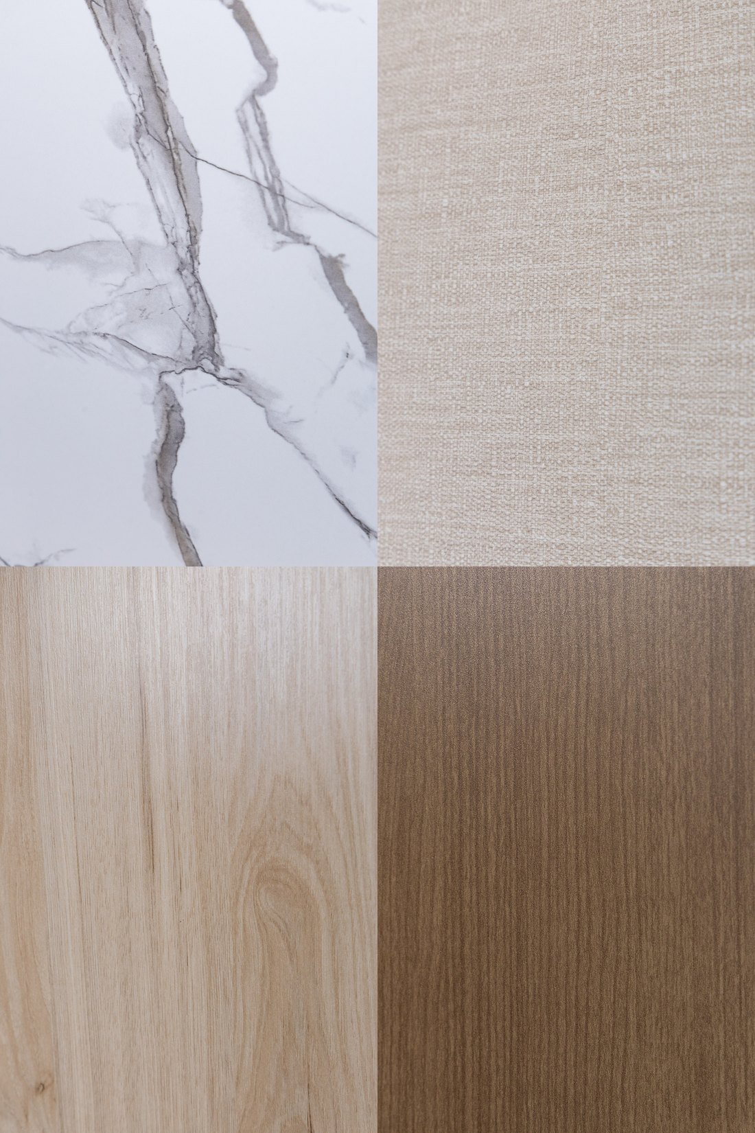 Texturas de la colección de Decora: mármol, lino y maderas en tonos claro y oscuro